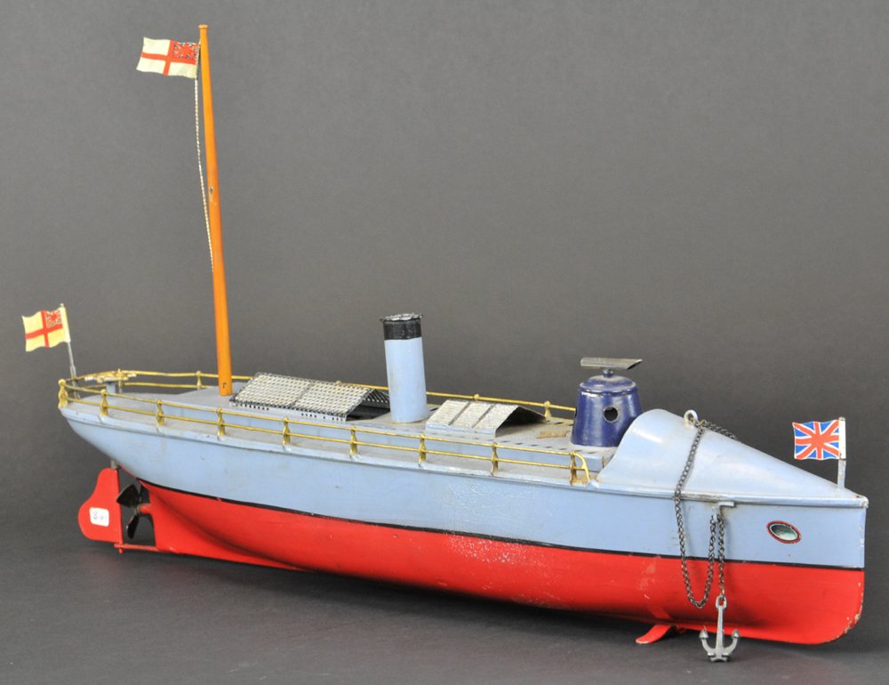 BING STEAM POWERED TORPEDO BOAT: Germany, #155/122, c. 1902-1912, hand painted in typical grey decking, red and grey hull, features single stack, torpedo tube on turret, single mast, deck lifts to reveal boiler and spirit burner, gol