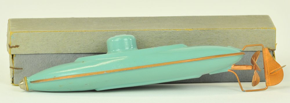 BING SUBMARINE WITH BOX: Germany, #10/340, beautiful teal colored hull, bronze trim, unscrewing tip at bow reveals clockwork wind, sub toy is a diving model, comes with instructions. 8 1/4" l.