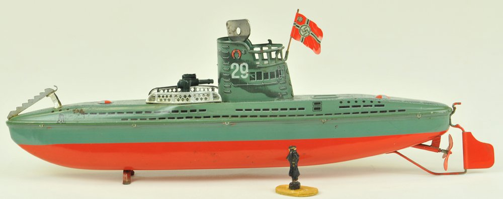 ARNOLD SUBMARINE: Germany, c. 1936, #660/27, hand painted hull in grey and red body, lithographed tin conn and deck, silver trimmed rail, features gun a deck. 13 1/4" l.