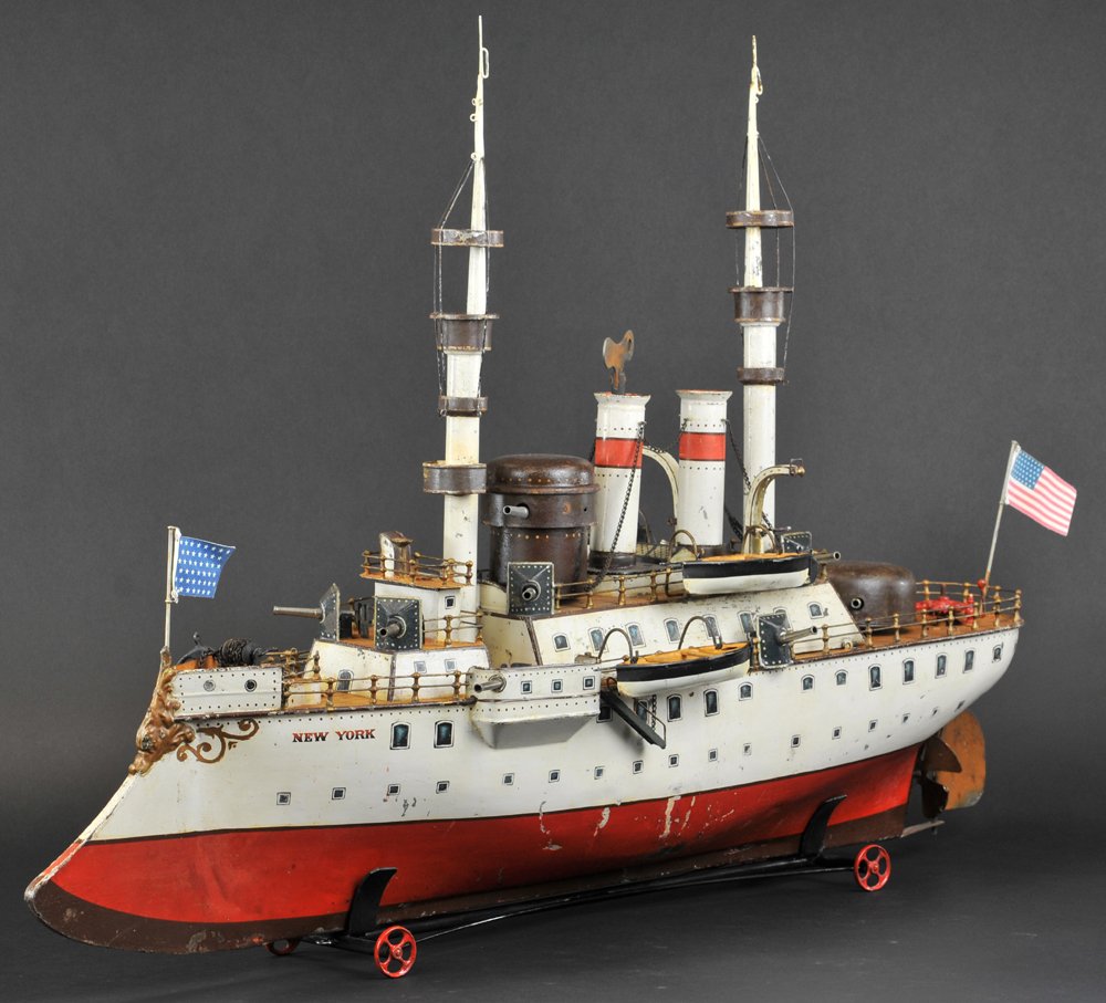 MARKLIN BATTLESHIP "NEW YORK": Germany, #1094, first series, c. 1902, imposing battle ready ship features guns at all sides and all turns, tiered davits hold lifeboats on two levels, railed observation decks, rear upper deck entry 