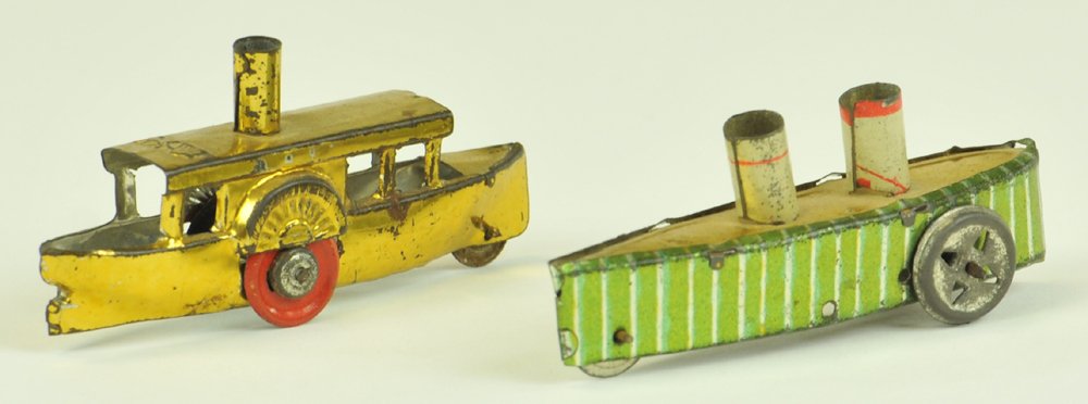 LOT OF TWO NAUTICAL PENNY TOYS: Meier, Germany, lithographed tin, includes gold spirit painted paddle wheeler and funnel, open hull example with lithographed tin hull. 3" l.