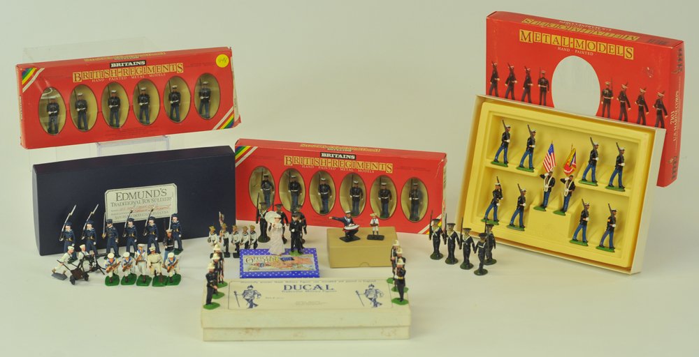 ASSORTED NAVAL SOLDIERS: Includes: Barclays, American Sojer Toys, grouping of Modern re-cast soldiers, and boxed contemporary Britains sets. 2" - 3 1/2" h.