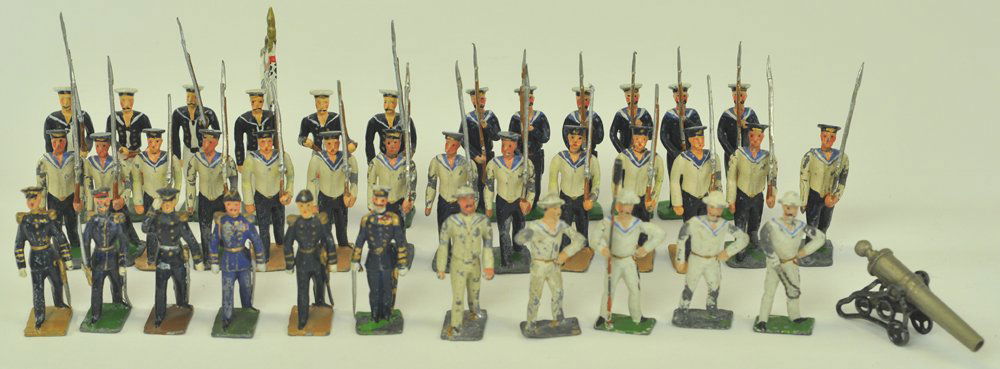 LOT OF HEYDE SAILORS: Lot includes 14 marching sailors, six at present arms, reproduction 6 man flag guard, 6 officers, and a 5 man gun crew with gun. 2" - 4" h.