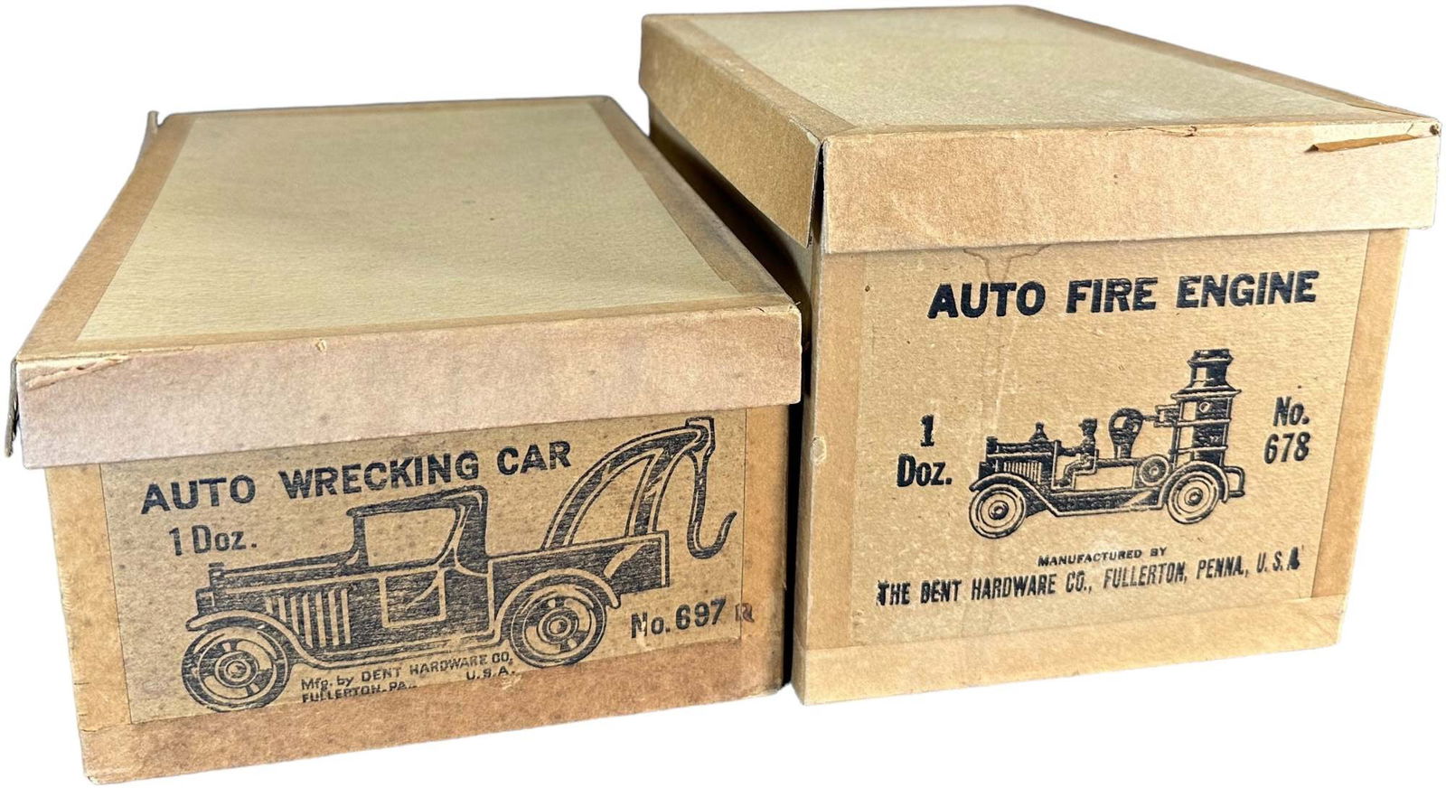 DENT HARDWARE AUTOMOTIVE TOY ORIGINAL BOXES: 35. DENT HARDWARE AUTOMOTIVE TOY ORIGINAL BOXES | 10" l. | Some tears and rips, (Very Good to Excellent Condition) | $50 - $100