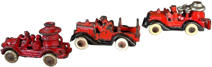 THREE SMALL HUBLEY FIRE TRUCKS