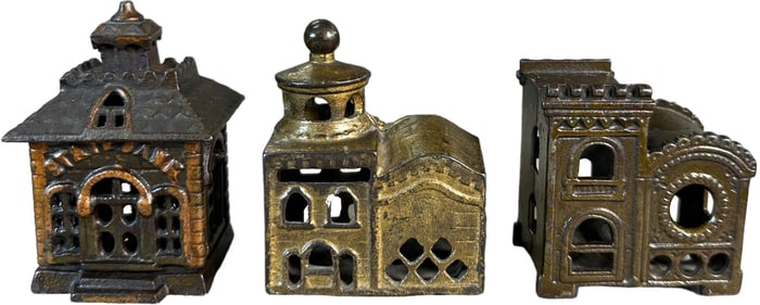 THREE SMALL JAPANNED ARCHITECTURAL STILL BANKS