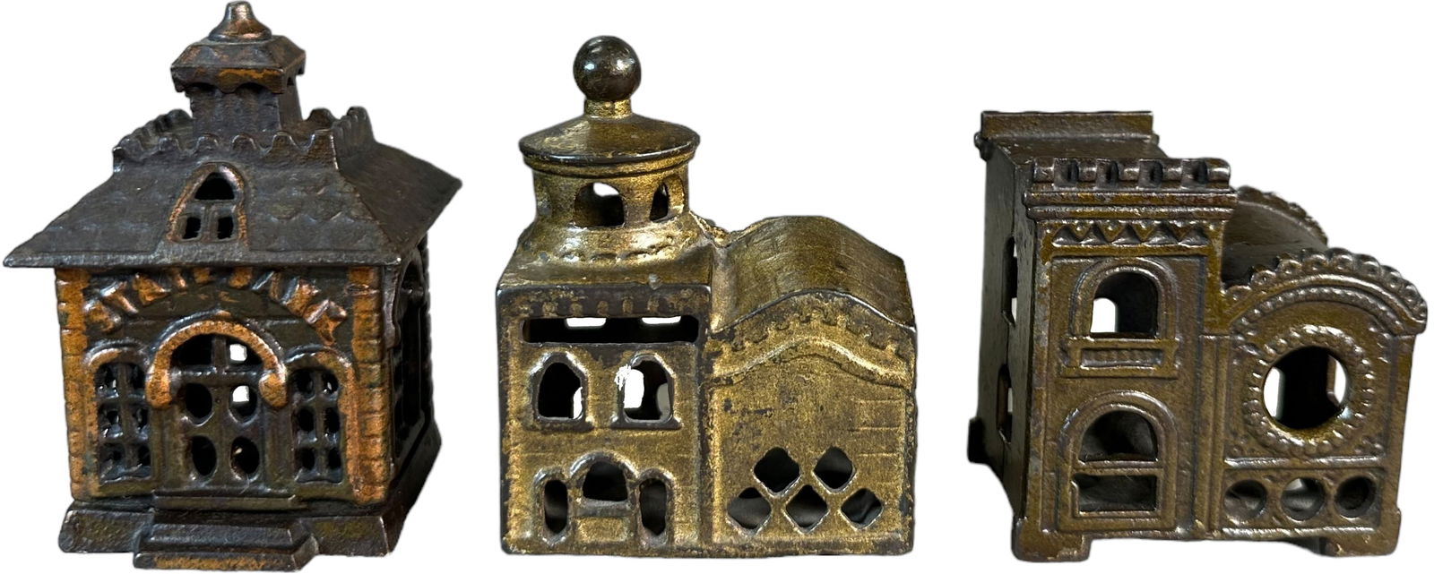 THREE SMALL JAPANNED ARCHITECTURAL STILL BANKS (1 of 6)