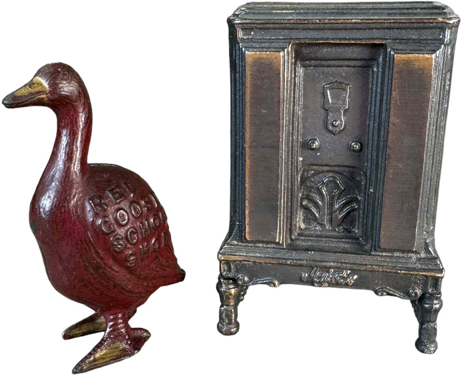 ELECTROPLATED RADIO & RED GOOSE SHOES STILL BANKS: 303. ELECTROPLATED RADIO & RED GOOSE SHOES STILL BANKS | 4.5" h. | (Excellent Condition) | $150 - $300
