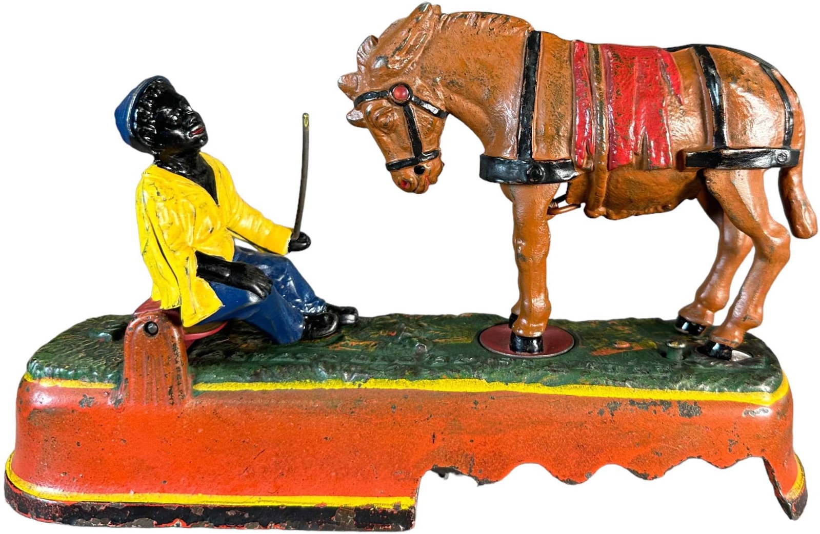 SPISE A MULE MECHANICAL BANK - BENCH: 311. SPISE A MULE MECHANICAL BANK - BENCH | J&E Stevens Co. | 9.5" h. | Base is original, figures are repainted, displays as (Very Good Condition) | $200 - $400