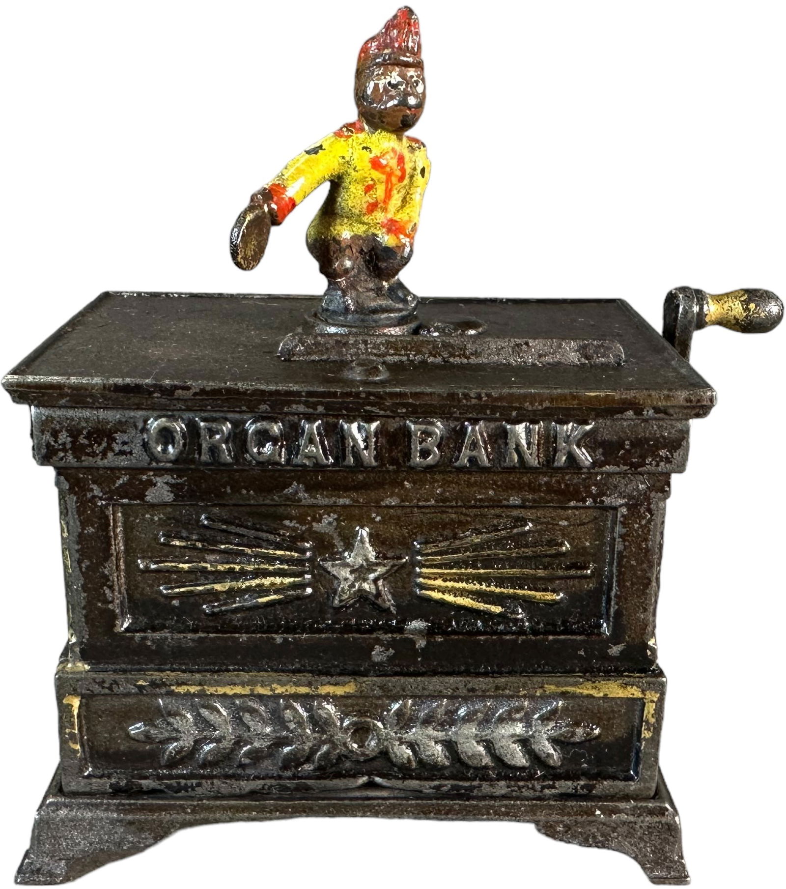 ORGAN BANK MINIATURE MECHANICAL BANK: 319. ORGAN BANK MINIATURE MECHANICAL BANK | Kyser & Rex Co., smallest of three sizes produced. | 4.5" h. | (Excellent Condition) | $300 - $600