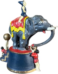 ELEPHANT & THREE CLOWNS MECHANICAL BANK