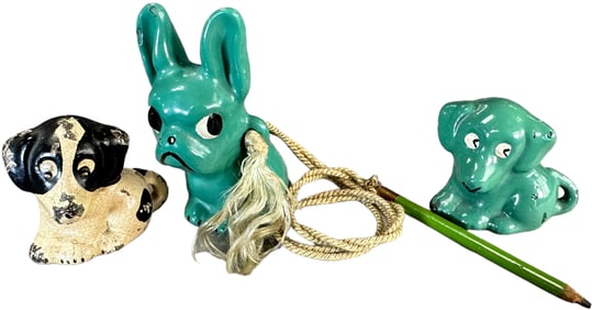 CAST IRON DOG PENCIL HOLDER W/ DOG PAPERWEIGHTS