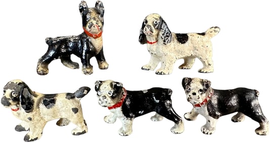 FIVE SMALL CAST IRON DOG MINIATURE FIGURES