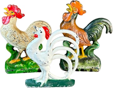 THREE ROOSTER DOORSTOPS