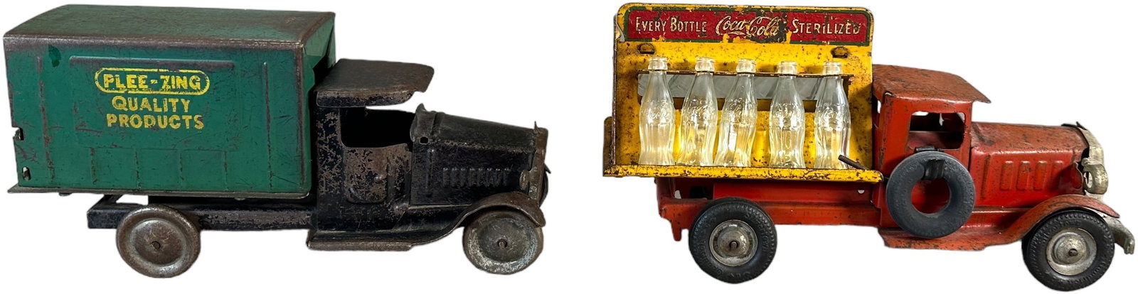 METALCRAFT COCA COLA & PLEE-ZING DELIVERY TRUCKS: 531. METALCRAFT COCA COLA & PLEE-ZING DELIVERY TRUCKS | 11.5" l. | Even playwear throughout, complete in (Very Good Condition) | $150 - $300