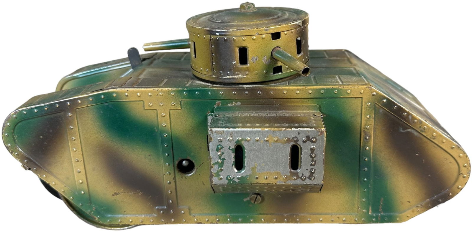 KARL BUB CAMOUFLAGE TANK: 194. KARL BUB CAMOUFLAGE TANK | 10" l. | Treads are distressed, overall (Very Good to Excellent Condition) | $200 - $400