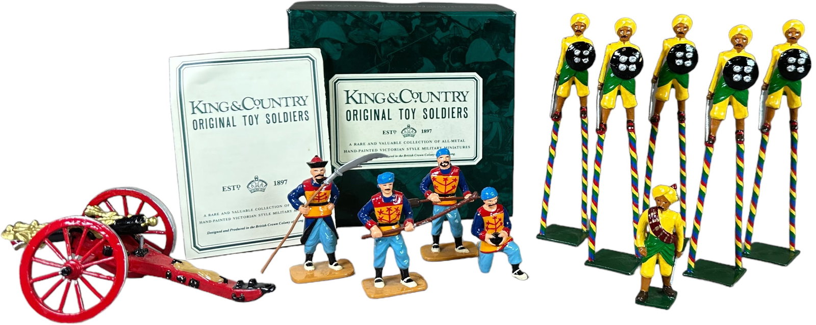 MARLBOROUGH & KING & COUNTRY SETS: 248. MARLBOROUGH & KING & COUNTRY SETS | Marlborough set #D-36 "The Rao of Kutchs Warriors on Stilts" compete mint set, together with K&C set #BR#2 Chinese Dragon Gun and Crew in early gloss paint wit