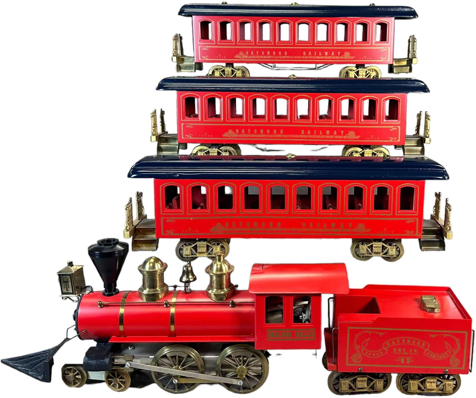 THORLEY HOOPLE STANDARD GAUGE PASSENGER SET: 325. THORLEY HOOPLE STANDARD GAUGE PASSENGER SET | Electric, Contemporary standard gauge. Ex: Cantey Johnson Collection. | Loco 16.5" l. | Missing couplers, (Excellent to Pristine Condition) | $500 - 
