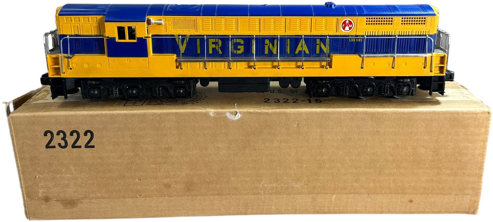 LIONEL #2322 VIRGINIAN TRAINMASTER LOCOMOTIVE: 350. LIONEL #2322 VIRGINIAN TRAINMASTER LOCOMOTIVE | O gauge, electric. Ex: Cantey Johnson Collection. | 17" l. | Does not run, (Excellent Condition) | $300 - $600