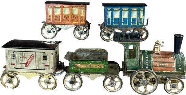 KARL BUB FLOOR TRAIN PASSENGER SET: 429. KARL BUB FLOOR TRAIN PASSENGER SET | Wind-up, litho, colorful floor train passenger set. Ex: Bill Becker Collection. | 4" l. loco | Car roofs repainted, (Excellent Condition) | $600 - $1,000