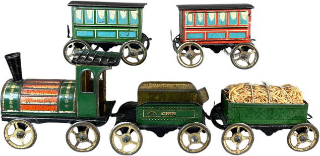 ISSMAYER FOR KARL BUB FLOOR TRAIN SET: 432. ISSMAYER FOR KARL BUB FLOOR TRAIN SET | Un-powered, litho, 0-4-0 loco, No.9350 tender, gondola with hay load and two coaches. Ex: Bill Becker Collection. | 4" l. loco | (Excellent Condition) | $8