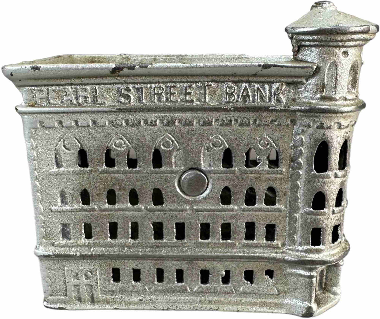 PEARL STREET BANK STILL BANK: 1190. PEARL STREET BANK STILL BANK | 4" h. | Finial at top chipped, (Excellent Condition) | $200 - $400