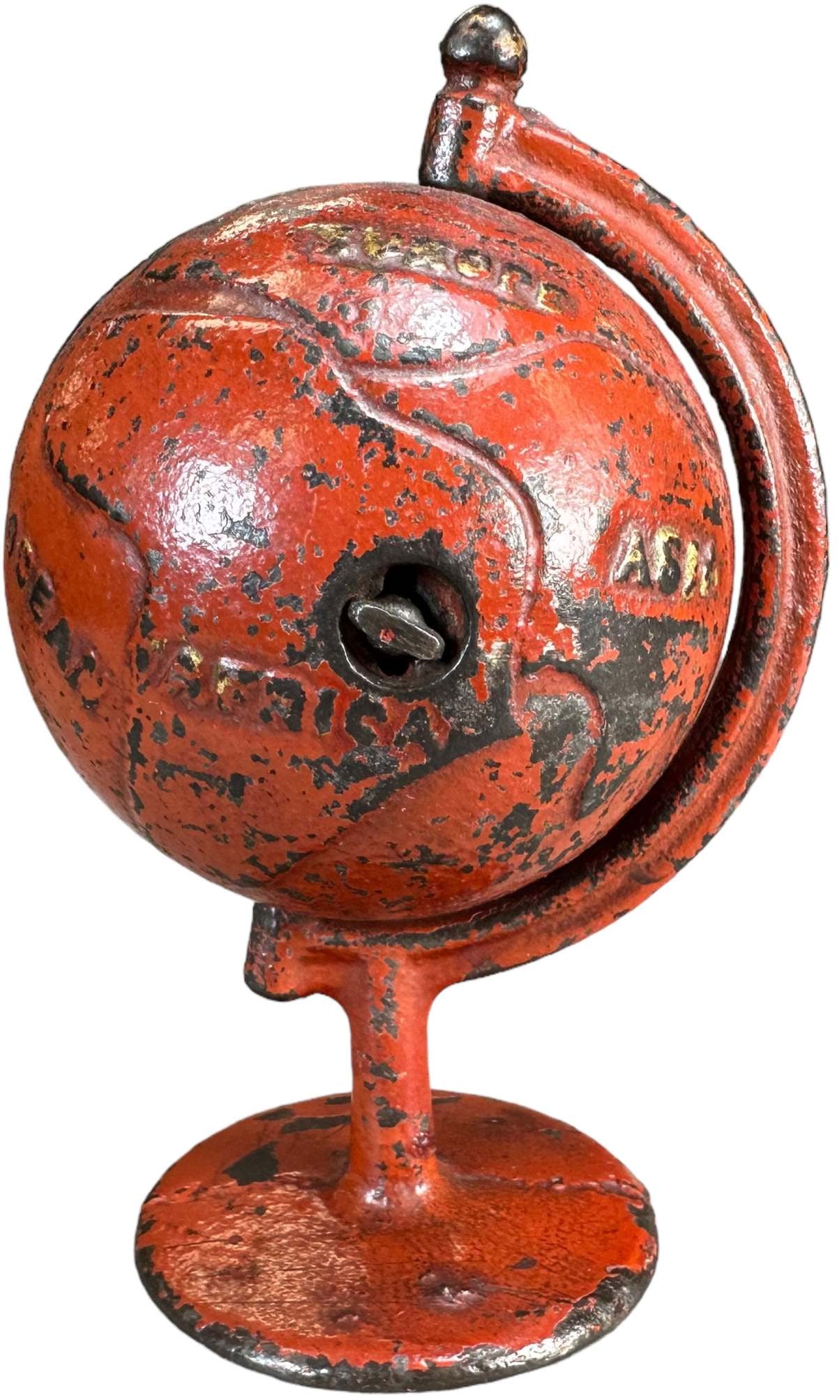 RED GLOBE ON ARC STILL BANK: 1199. RED GLOBE ON ARC STILL BANK | Grey Iron Co. | 5.5" h. | (Excellent Condition) | $100 - $200