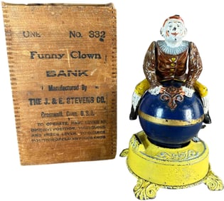 BOXED CLOWN ON GLOBE MECHANICAL BANK