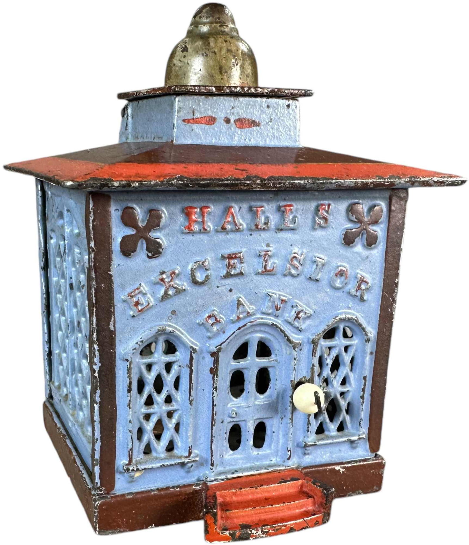 HALLS EXCELSIOR MECHANICAL BANK: 1233. HALLS EXCELSIOR MECHANICAL BANK | J&E Stevens Co., nice color combination. | 5.5" h. | Monkey missing arms and has replaced head, (Excellent Condition) other than some light edge wear. | $400 - 