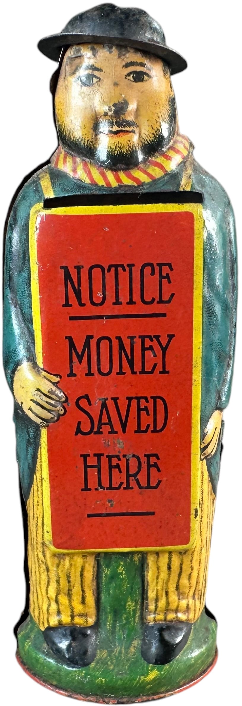 NOTICE MONEY SAVED HERE BANK: 1251. NOTICE MONEY SAVED HERE BANK | American, 1930, scarce and colorful lithograph bank. | 6" h. | (Excellent Condition) | $1,000 - $1,500