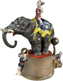 ELEPHANT & THREE CLOWNS MECHANICAL BANK