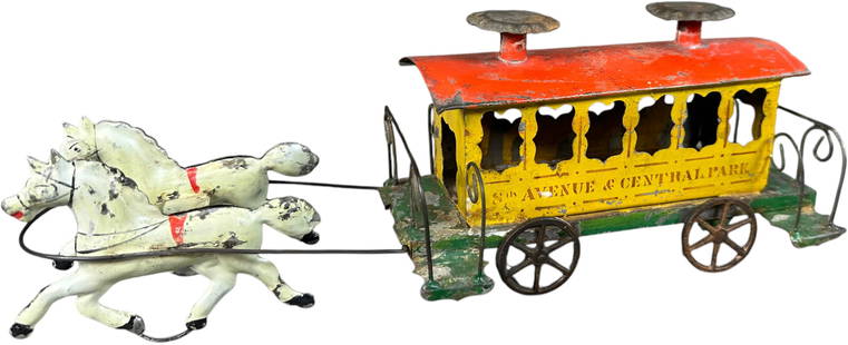 GEORGE BROWN 8TH AVE & CENTRAL PARK TROLLEY: 1440. GEORGE BROWN 8TH AVE & CENTRAL PARK TROLLEY | 12" l. | Horses have professional paint enhancement, trolley is all original with resolder to handrails, (Excellent Condition) | $500 - $750