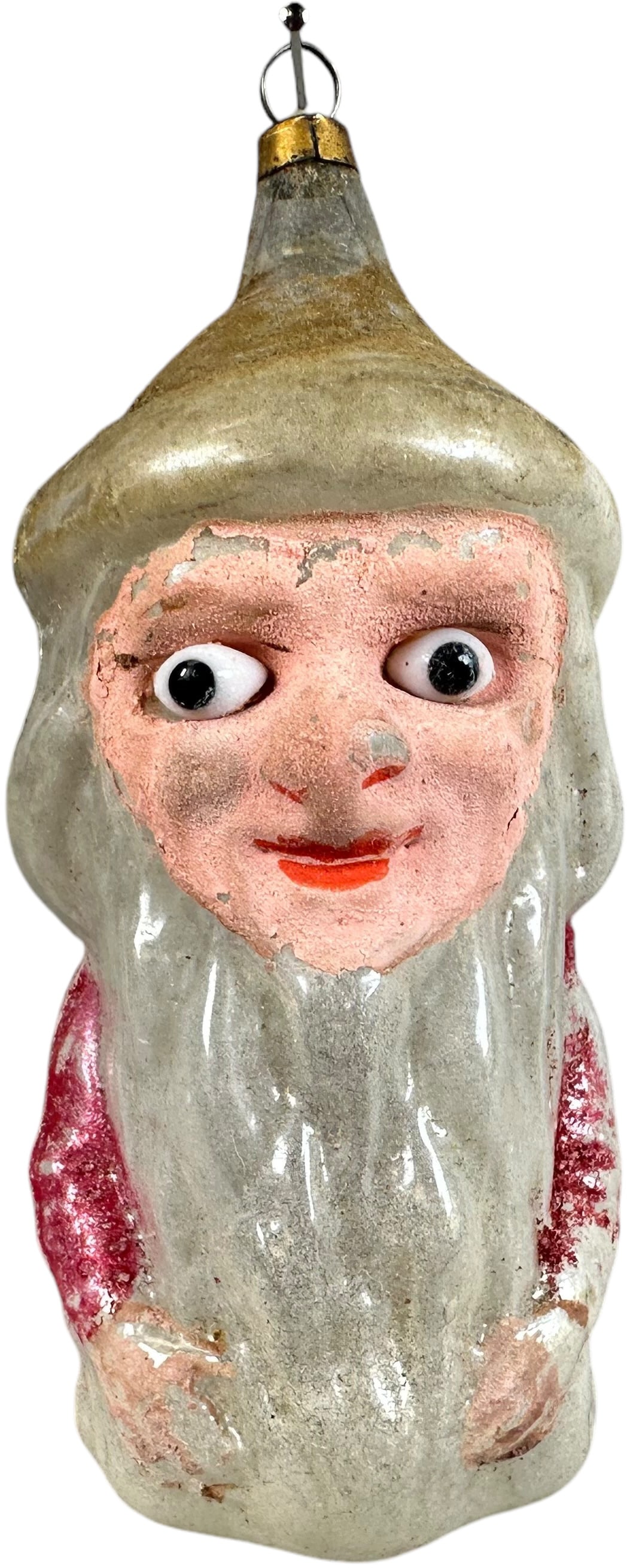 SANTA ELF GLASS ORNAMENT: 126. SANTA ELF GLASS ORNAMENT | Early blown glass with Glass Eyes | 4.5" h. | Some chipping to pike, brass caps, (Excellent Condition) | $300 - $500