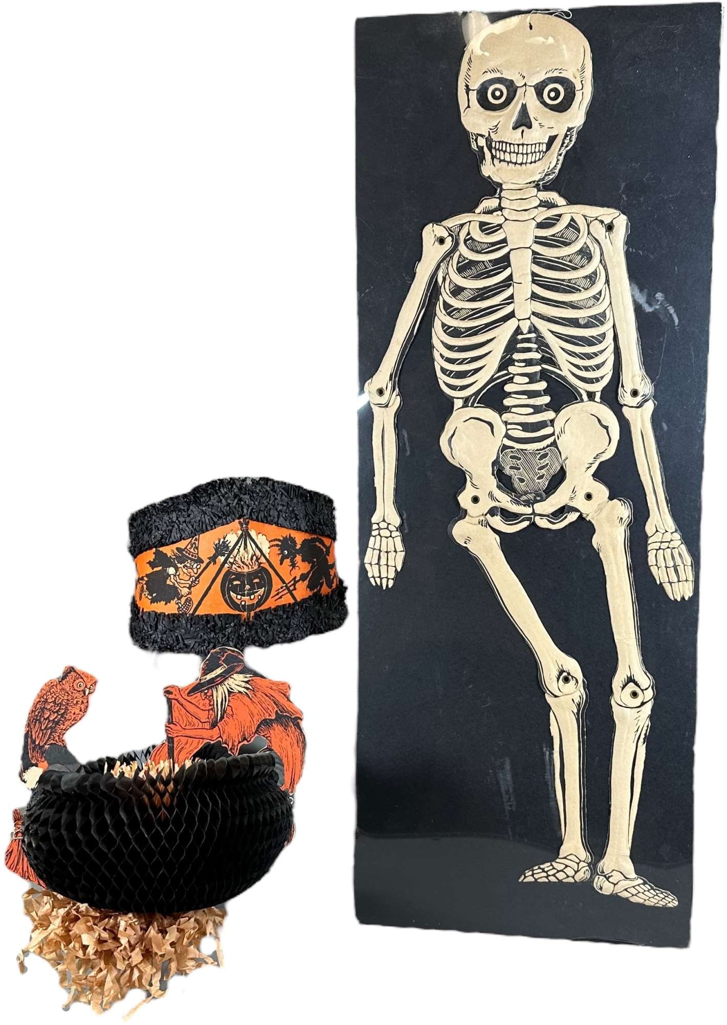 GERMAN SKELETON, HONEYCOMB HAT, WITCH & OWL AT: 191. GERMAN SKELETON, HONEYCOMB HAT, WITCH & OWL AT | Cauldron | 6"-27" h. | Witch and owl cauldron needs restoration, (Very Good to Excellent Condition) | $400 - $700
