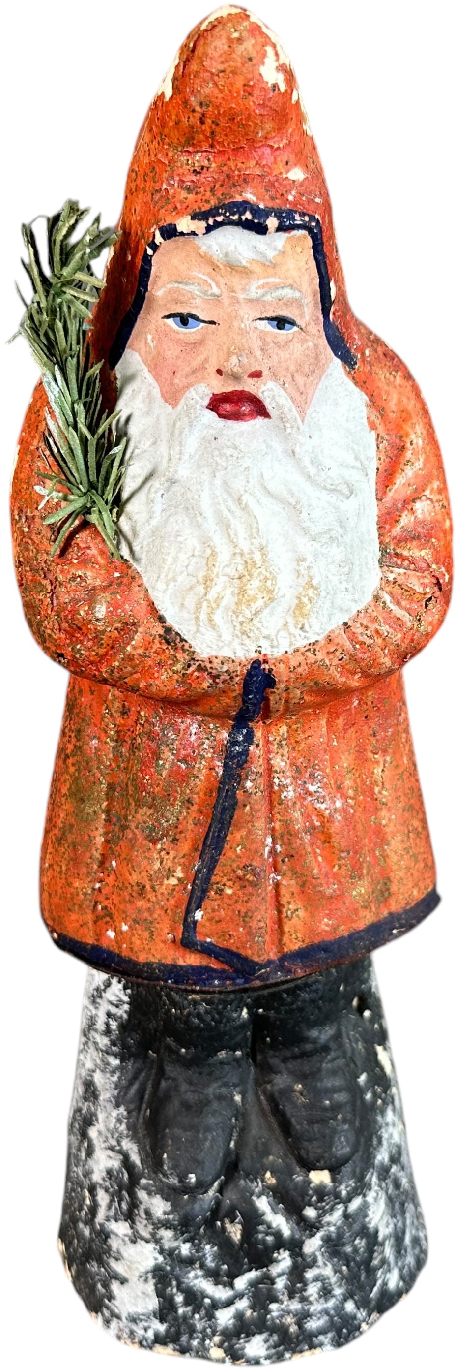 RED COAT W/ SEAM BELSNICKEL: 239. RED COAT W/ SEAM BELSNICKEL | Candy container separates at the waist, some paint flakes on sides. | 9.5" h. | Some age related crazing and splits to figure at seams, (Very Good to Excellent Condi