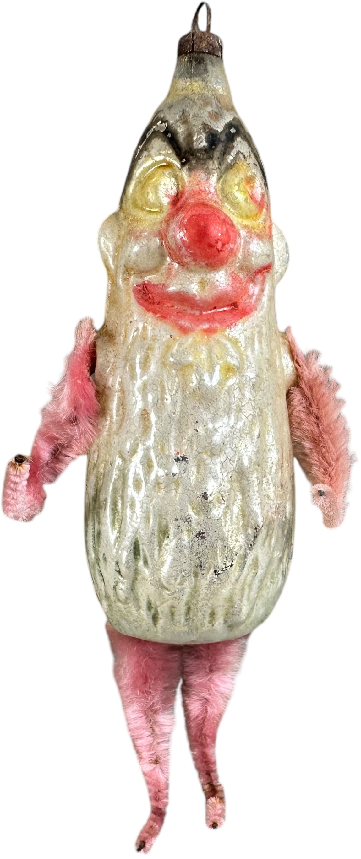 PICKLE MAN GLASS ORNAMENT W/ CHENILLE ARMS & L: 251. PICKLE MAN GLASS ORNAMENT W/ CHENILLE ARMS & L | Early, rare ornament. | 6" l. | (Excellent Condition) | $400 - $600