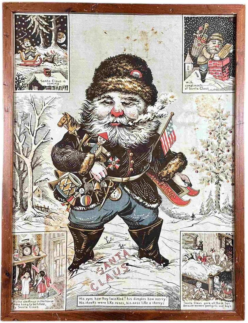 FRAMED THOMAS NAST SANTA BANNER ON CLOTH: 301. FRAMED THOMAS NAST SANTA BANNER ON CLOTH | 18" x 24" | (Very Good to Excellent Condition) | $200 - $400
