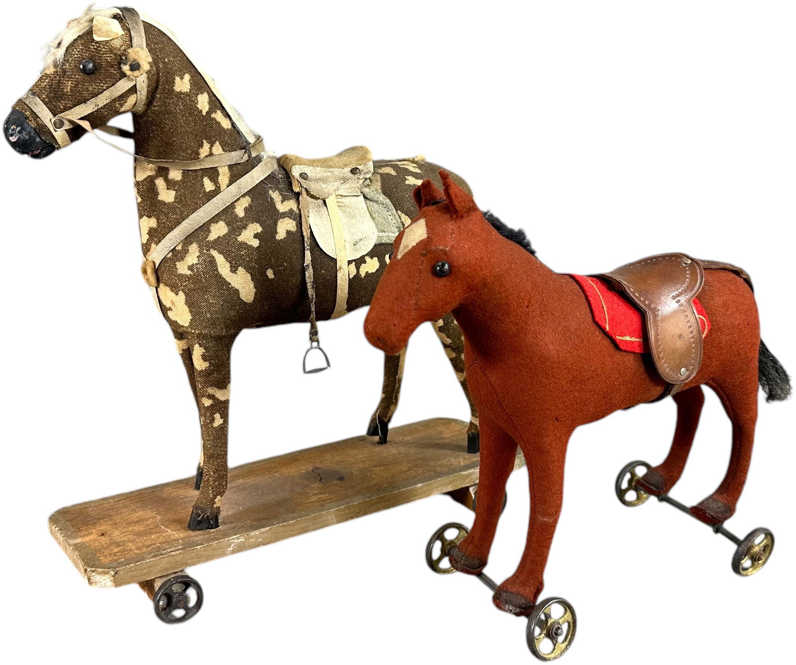 TWO FELT HORSES ON WHEELED PLATFORM TOYS (1 of 5)