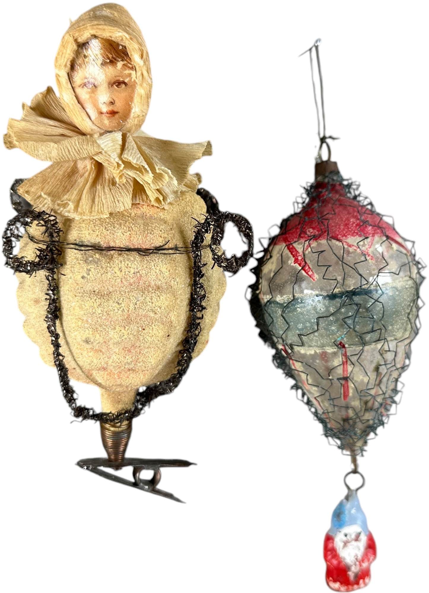 CLIP-ON W/ GIRL & SANTA HOT AIR BALLOON ORNAMENTS: 443. CLIP-ON W/ GIRL & SANTA HOT AIR BALLOON ORNAMENTS | 5" h. | Santa balloon has paint loss, (Very Good to Excellent Condition) | $300 - $500