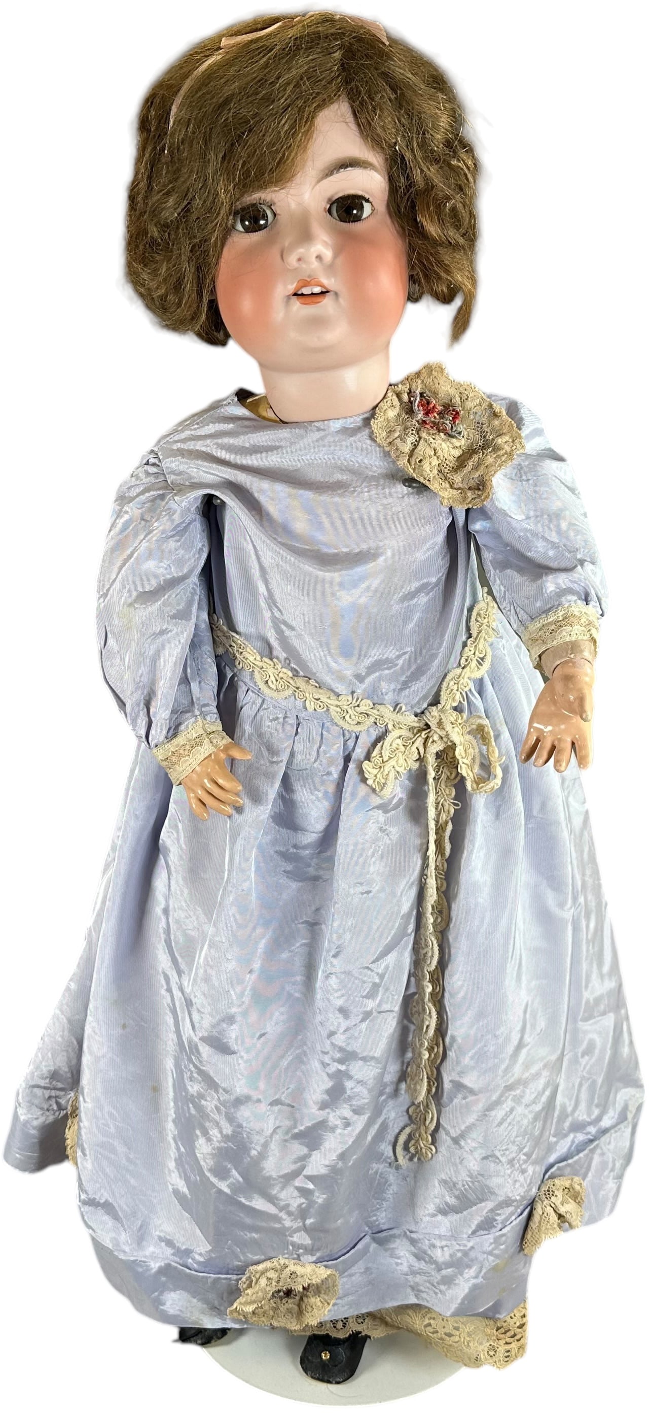 ARMAND MARSEILLE DOLL: 52. ARMAND MARSEILLE DOLL | Marked A 14 M, bisque socked head with dimple chin, open mouth with upper row of teeth, non-pierced ears, molded brow with painted lashes and brows on painted composition j