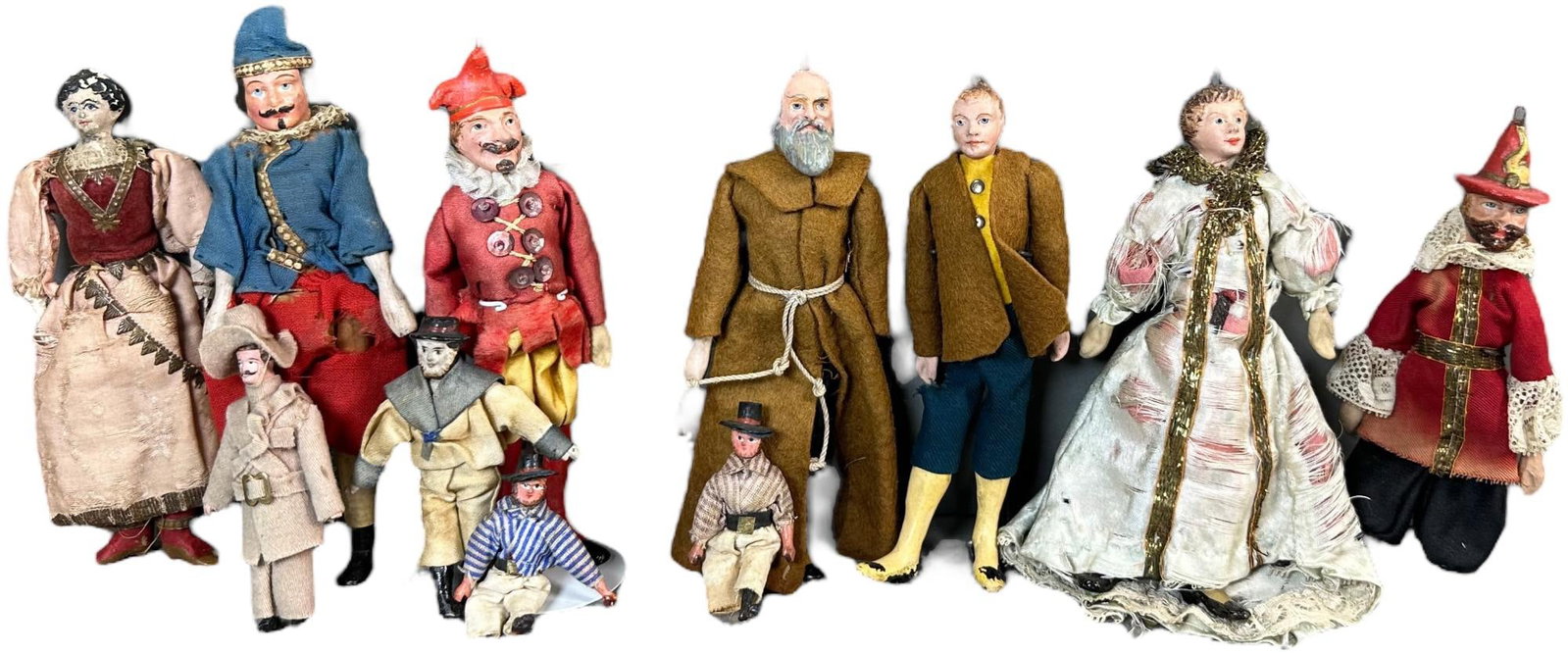 ELEVEN HANDSOME DOLLHOUSE SIZE DOLLS: 76. ELEVEN HANDSOME DOLLHOUSE SIZE DOLLS | 6" h. | Some minor wear to clothes, overall (Very Good to Excellent Condition) | $500 - $1,000