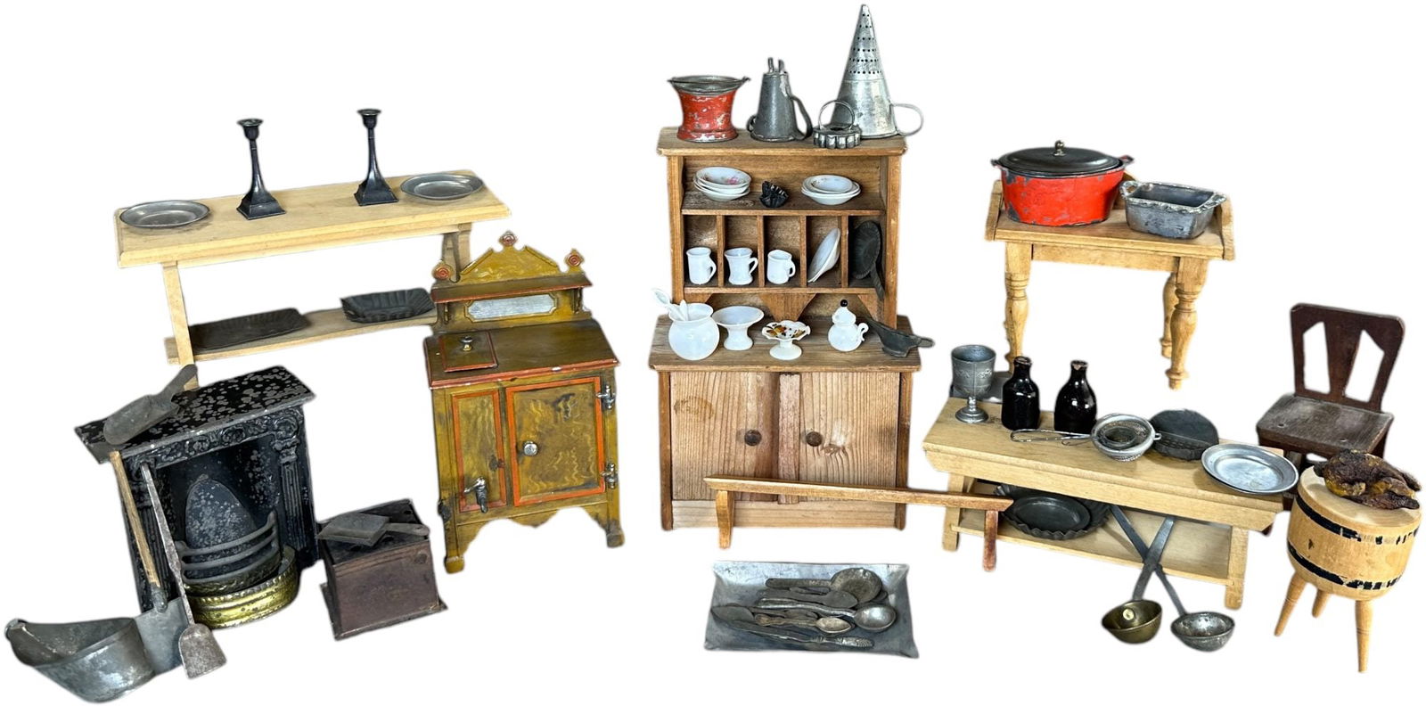 DOLLS HOUSE KITCHEN ACCESSORIES: 203. DOLLS HOUSE KITCHEN ACCESSORIES | Includes step back hutch, painted metal ice box with shelf, wood bench, two tables, chair and wall shelf along with several pieces of painted milk glass dishes,