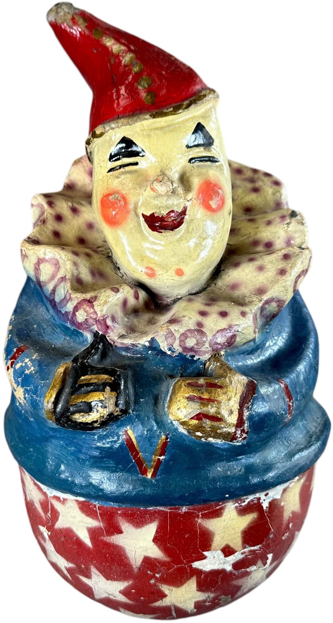 CLOWN W/ STAR BASE ROLY POLY: 254. CLOWN W/ STAR BASE ROLY POLY | 16" h. | Has age cracks, wear to nose and touch-up to blue coat, (Very Good to Excellent Condition) | $150 - $300