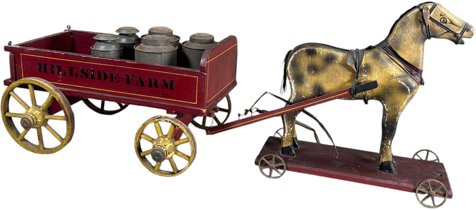 WOODEN HILLSIDE FARM HORSE CART: 303. WOODEN HILLSIDE FARM HORSE CART | Nice milk wagon with five metal milk cans. | 25.5" l. | Some paint rubs on horse, (Excellent Condition) | $250 - $500