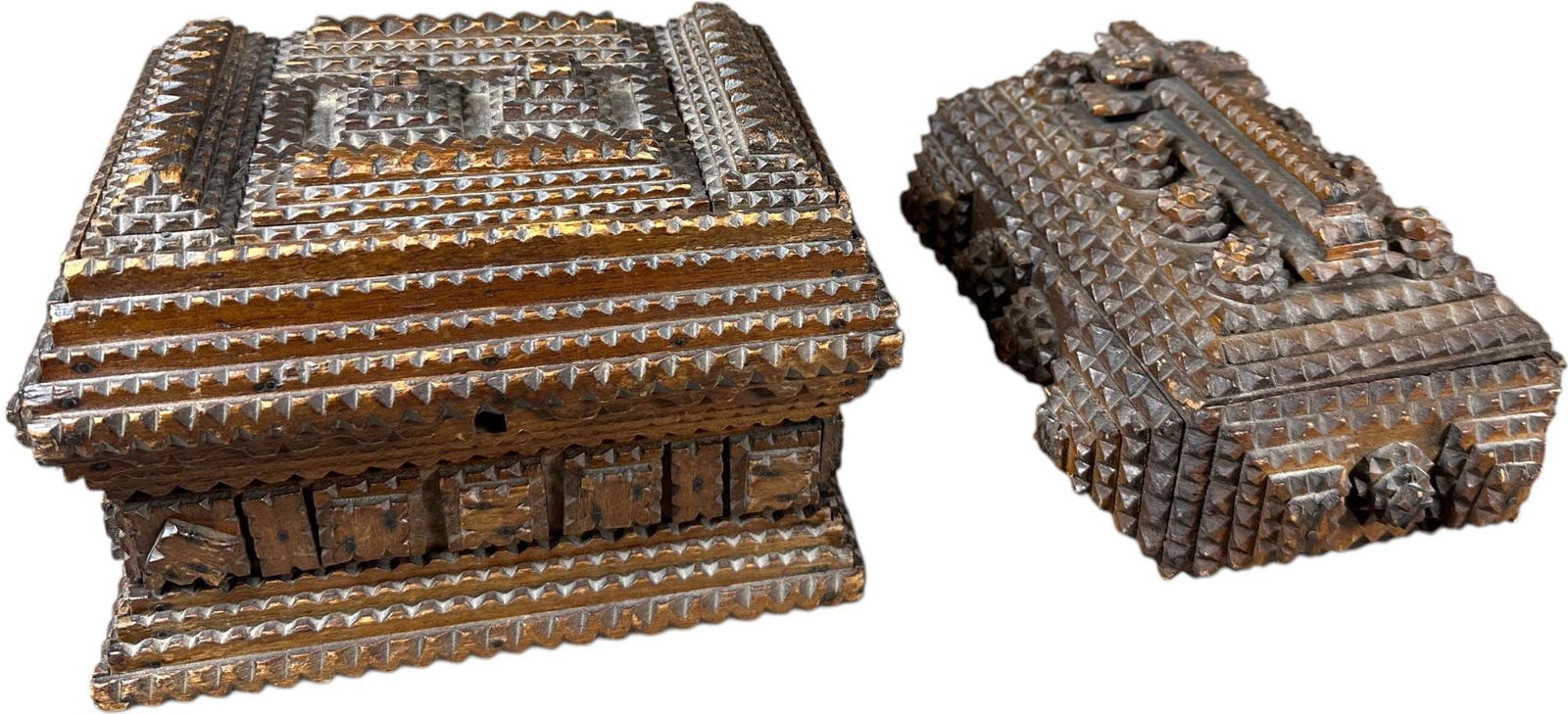 TWO DETAILED TRAMP ART JEWELRY BOXES (1 of 7)