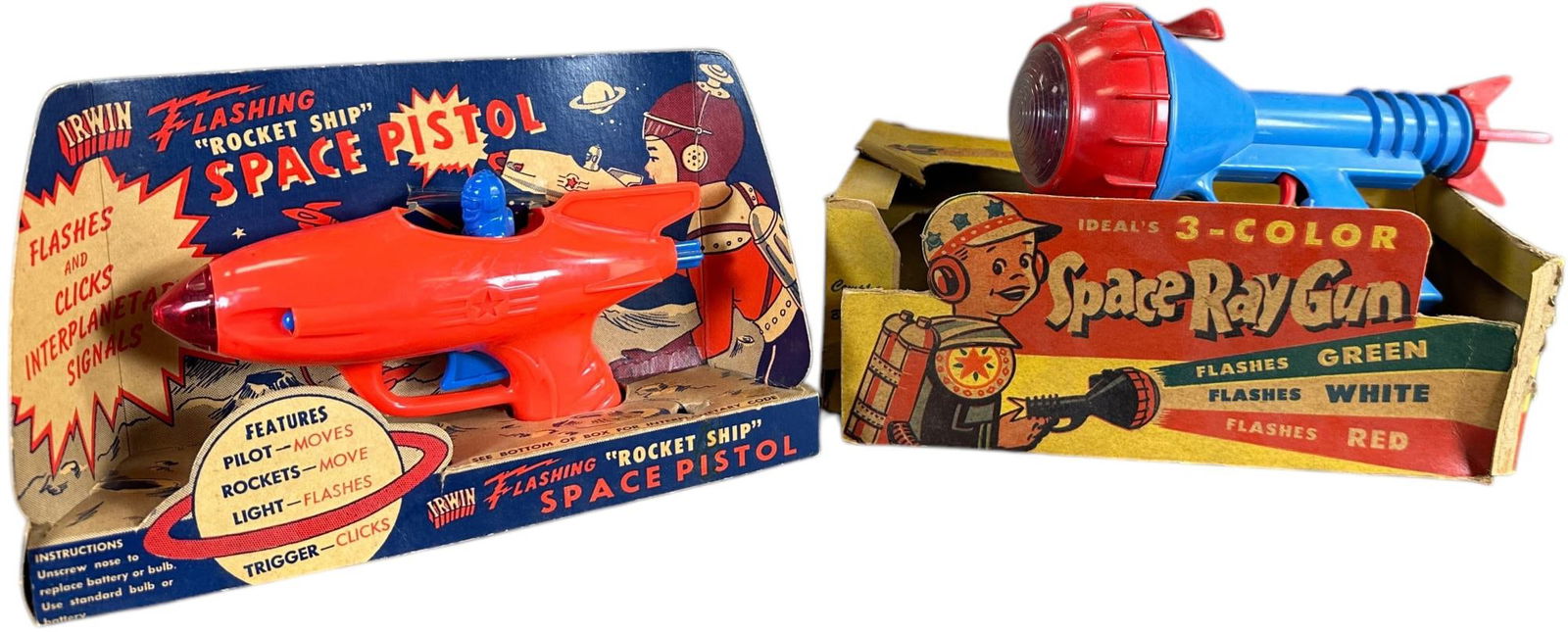 IRWIN SPACE PISTOL W/ IDEAL SPACE RAY GUN: 19. IRWIN SPACE PISTOL W/ IDEAL SPACE RAY GUN | 7.5" l. | Space Ray gun box is in pieces but present, (Excellent Condition) | $150 - $300