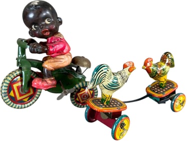 CELLULOID BOY ON TRIKE W/ FIGHTING CHICKENS