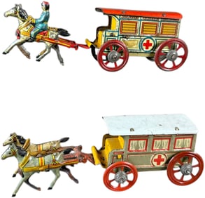 TWO MEIER HORSEDRAWN AMBULANCE PENNY TOYS