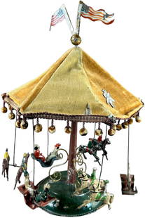 EUROPEAN TIN MERRY-GO-ROUND: 124. EUROPEAN TIN MERRY-GO-ROUND | Germany, often attributed to Gunthermann, wind-up motor mounted in base causes carrousel to revolve, hand painted tinplate with canvas top. | 16" h. | One of the two
