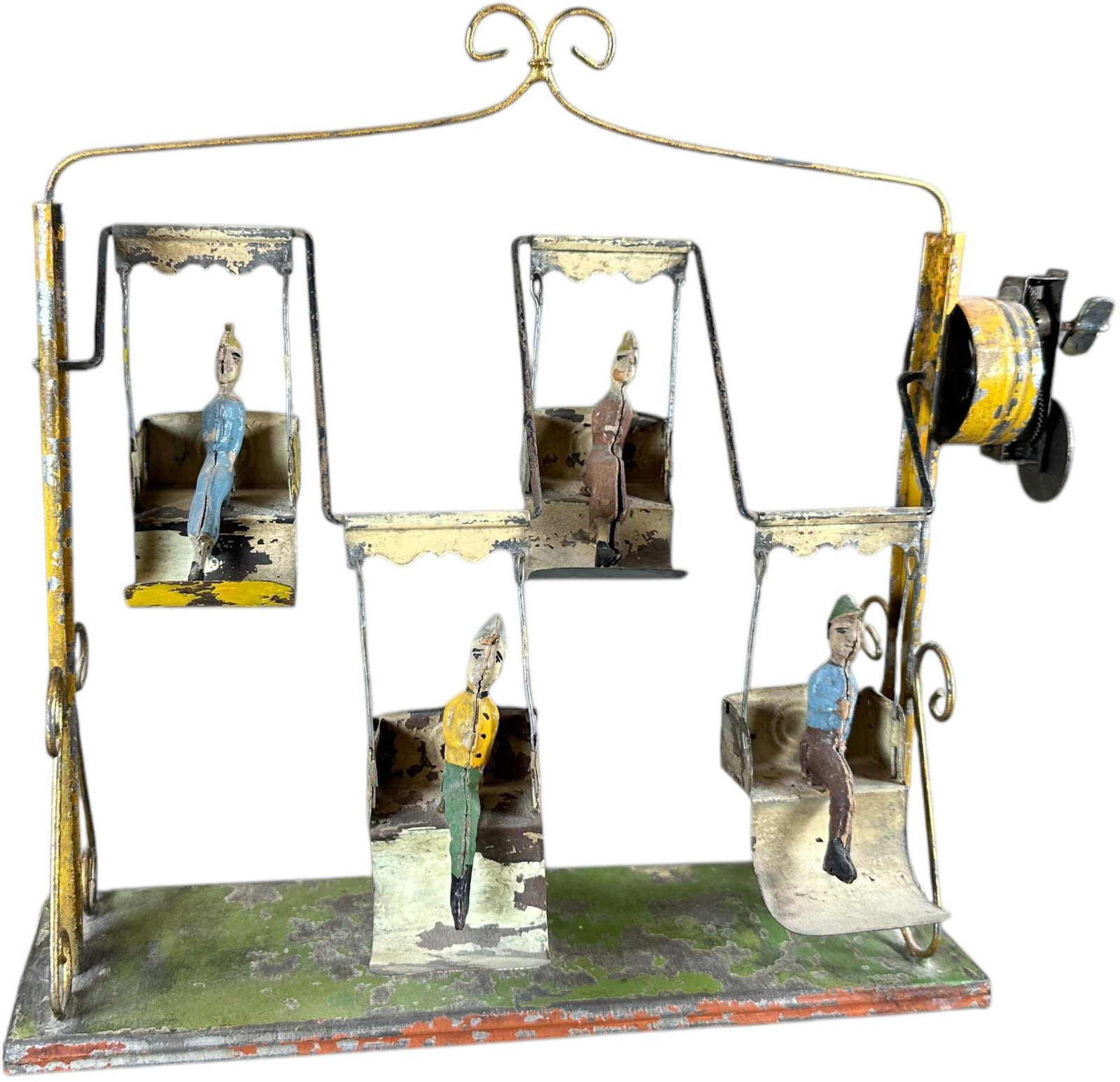 VERY EARLY GERMAN AMUSEMENT CHAIR RIDE: 125. VERY EARLY GERMAN AMUSEMENT CHAIR RIDE | Germany, hand painted, wind-up driven. | 11" h. | Mechanism sticky but present, a few minor touchups to frame where was reinforced with solder, ((Very Goo